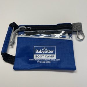 Blue Babysitter Boot Camp pouch with zipper.
