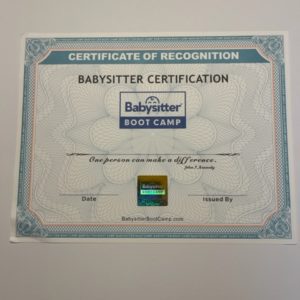 Babysitter Boot Camp Certification of Recognition