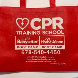 CPR training school red bag with contact information