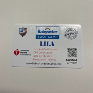 Babysitter certification card with training details.