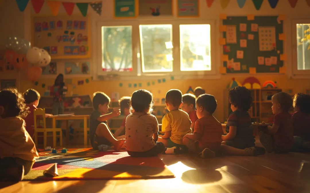a vibrant classroom filled with eager children engaged in playful learning activities, showcasing a nurturing environment that prepares future babysitters with essential childcare skills.