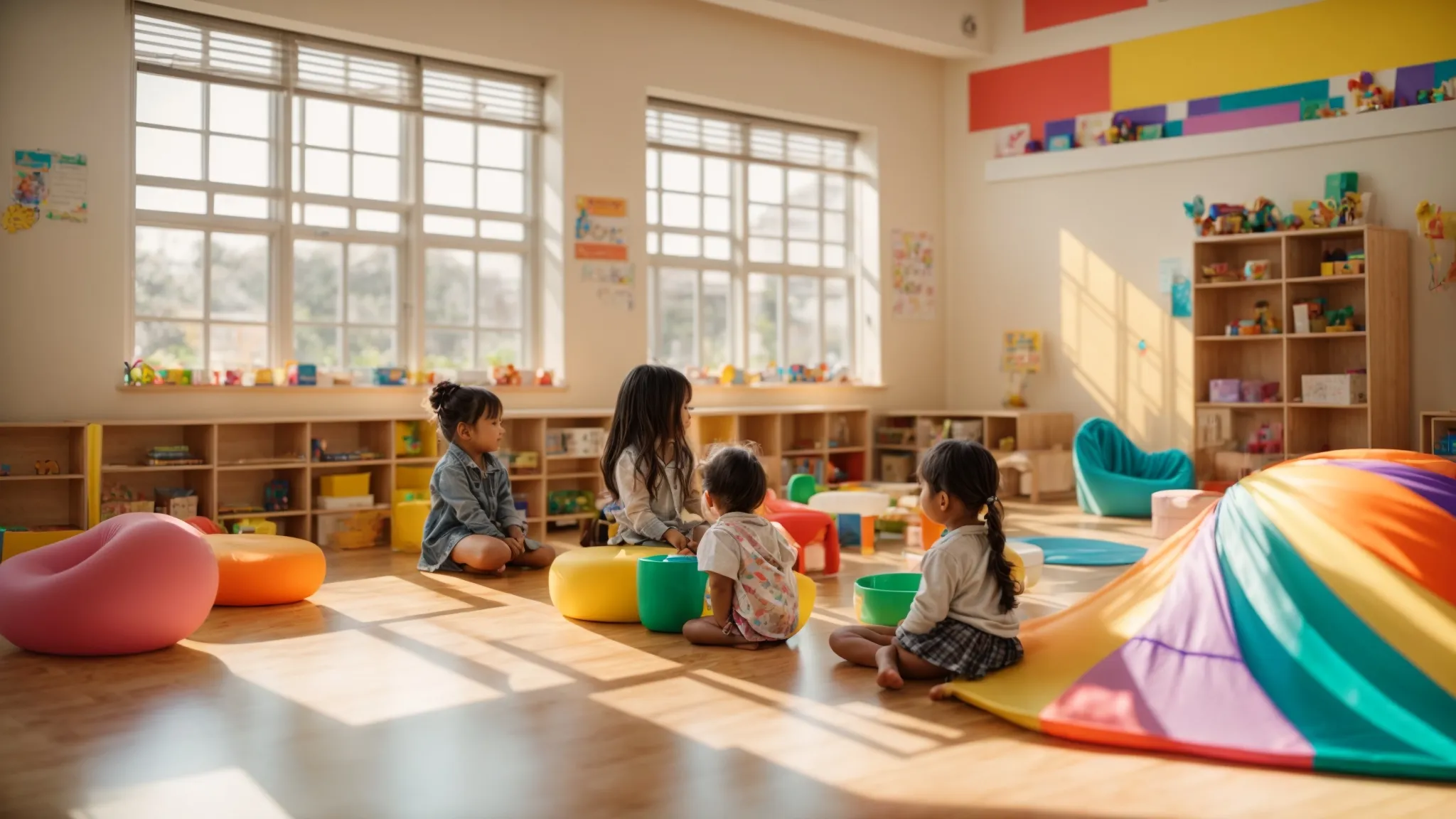a vibrant classroom filled with aspiring babysitters engaged in interactive learning, surrounded by colorful charts on child development and safety protocols, illuminated by warm natural light from large windows.