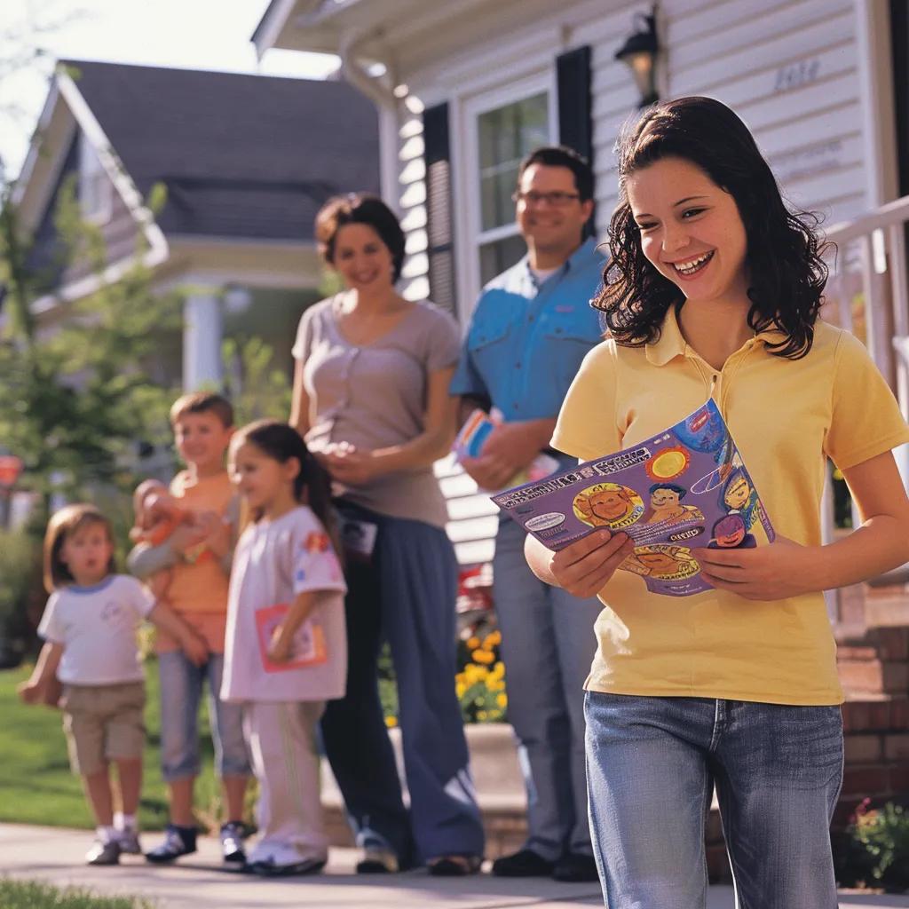 Babysitter distributing marketing flyers in a community environment