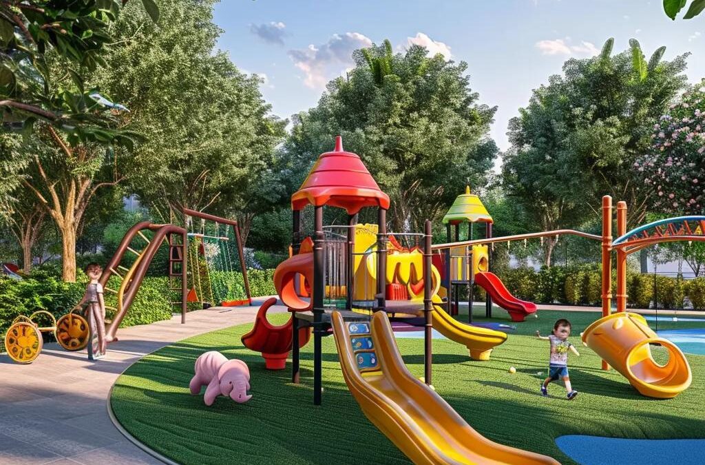 Colorful playground equipment in a safe play area with children playing and a supervising babysitter