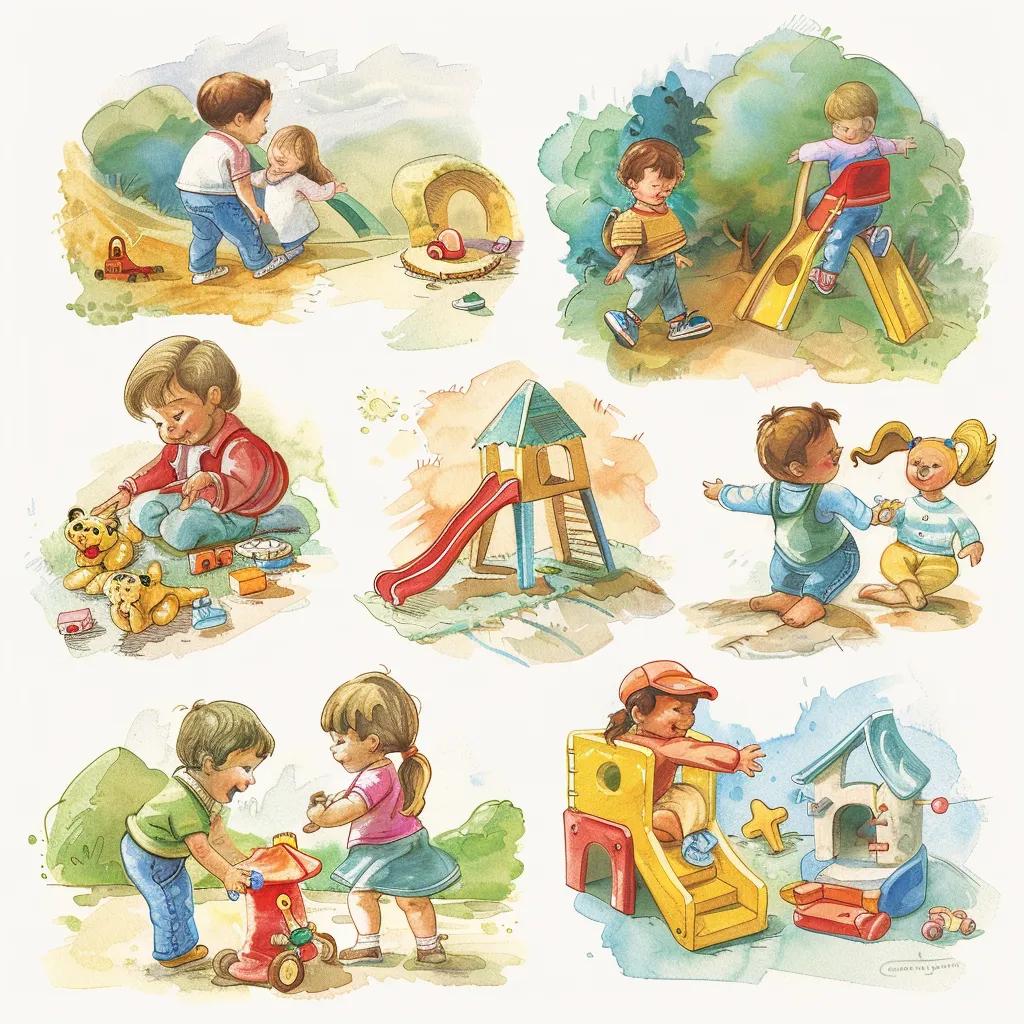 Illustration of various child development stages with children engaged in age-appropriate activities