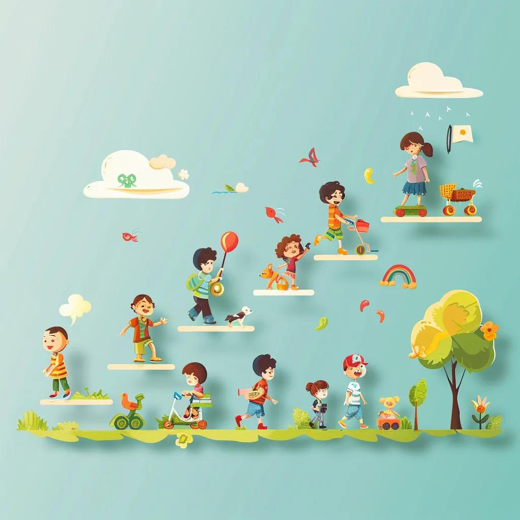 Illustration of child development stages from infant to school-age