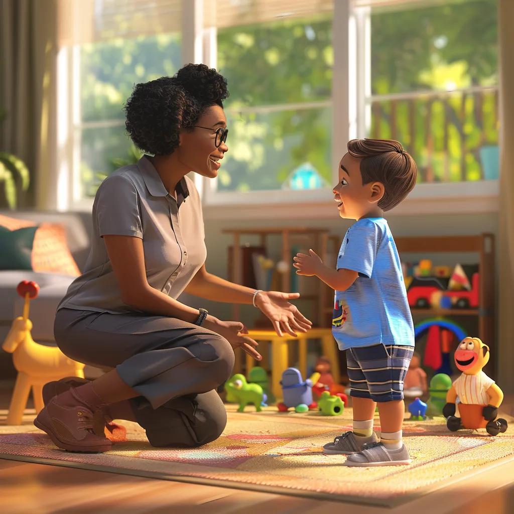 Babysitter communicating with preschooler, emphasizing effective interaction