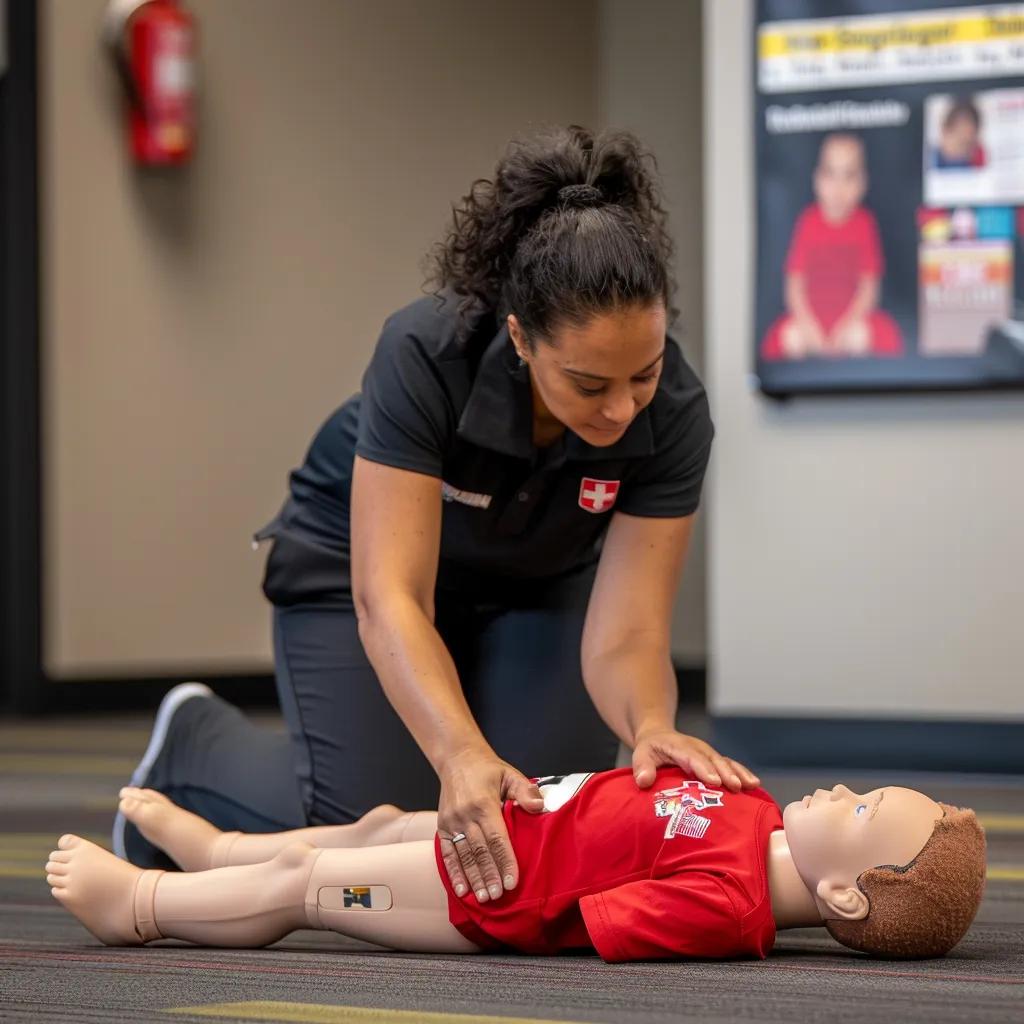 Babysitter practicing CPR techniques on a mannequin, highlighting essential emergency response skills