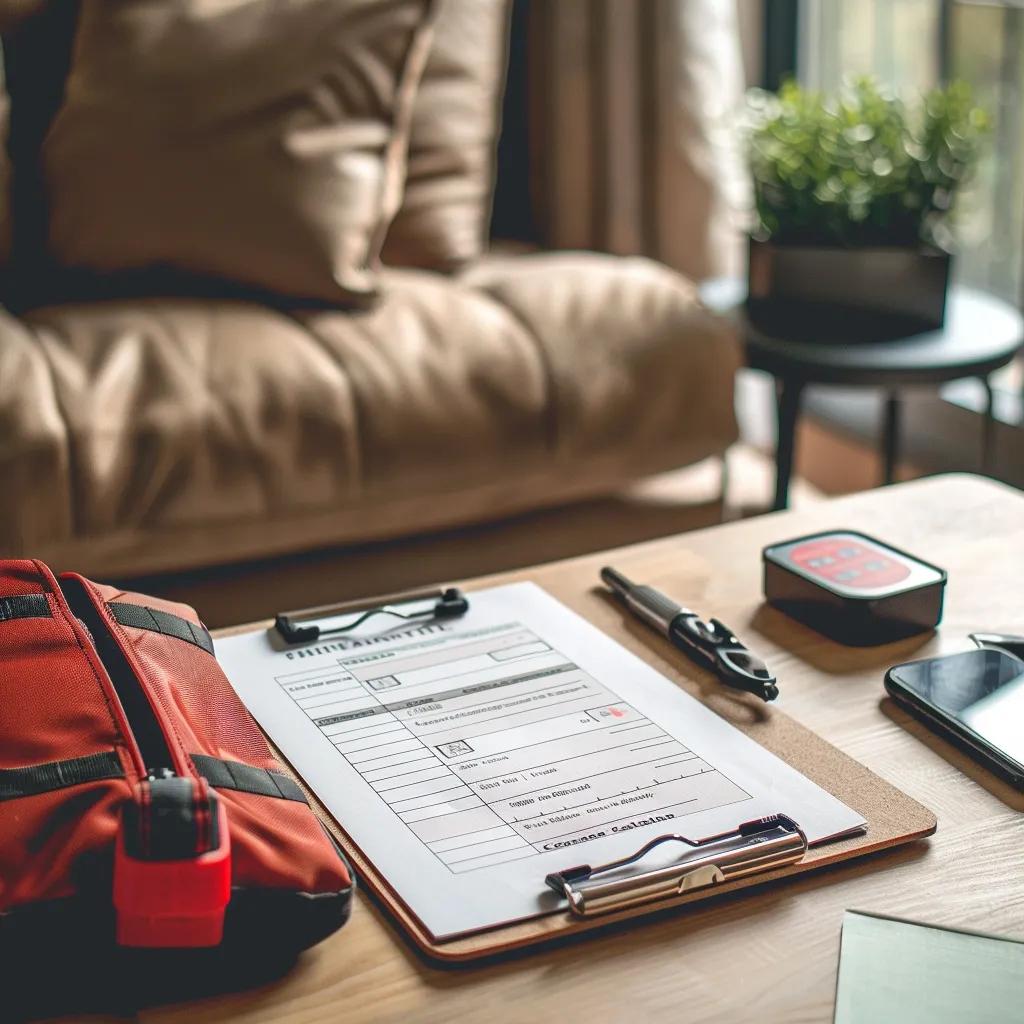 Emergency contact plan on a clipboard with a first aid kit, emphasizing preparedness for babysitters