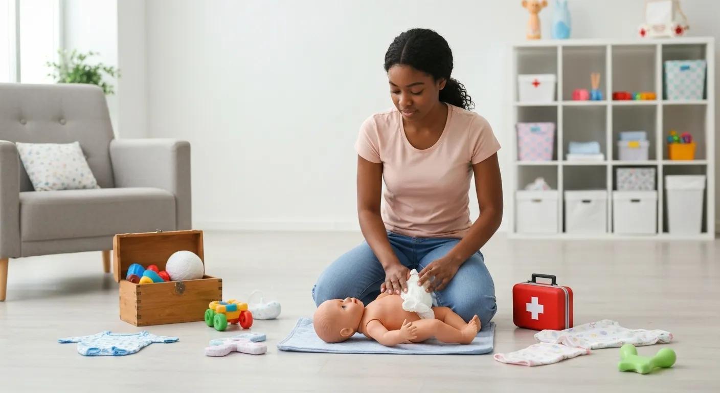 Young caregiver practicing essential babysitting skills with a doll and first aid kit in a training environment