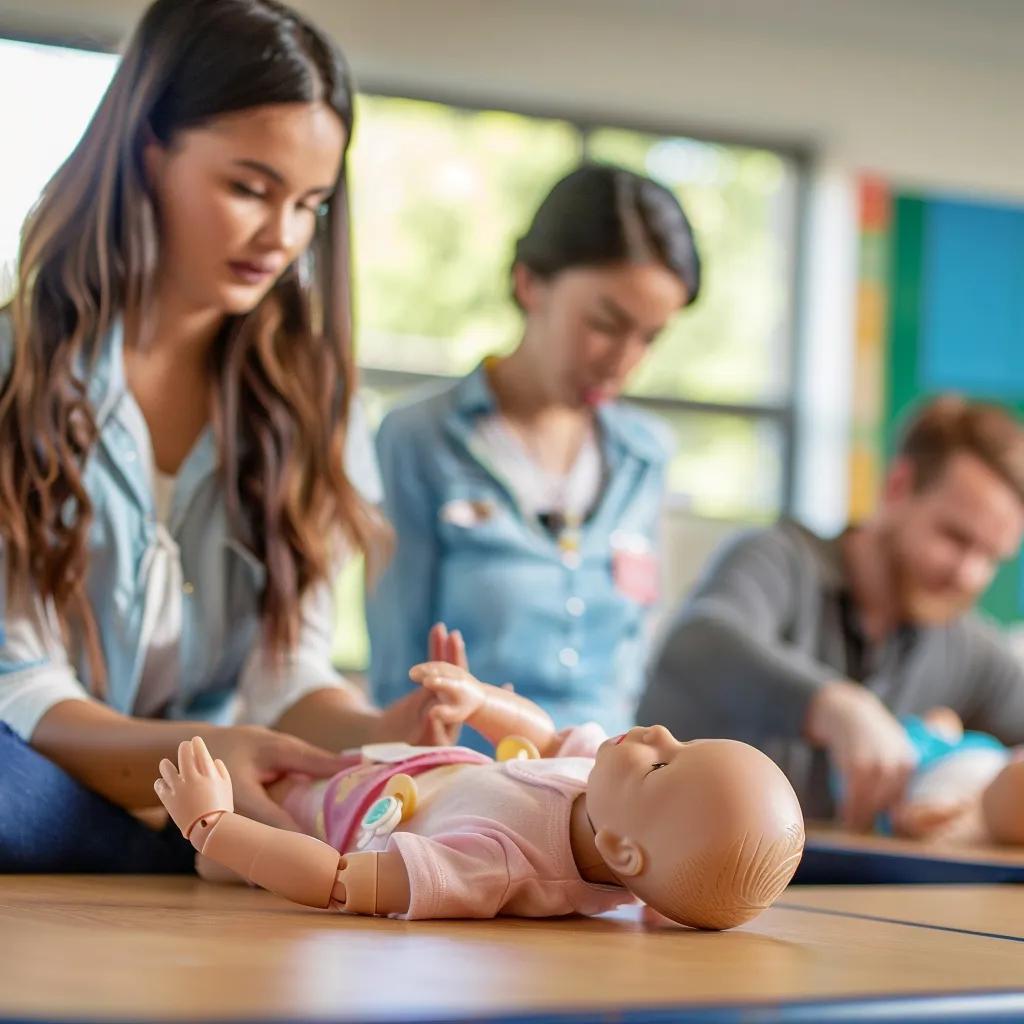 Babysitter practicing infant CPR techniques on a training doll in a classroom, emphasizing hands-on learning