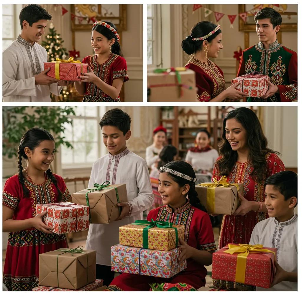 Diverse group exchanging gifts during a cultural celebration, highlighting cultural considerations in gift giving