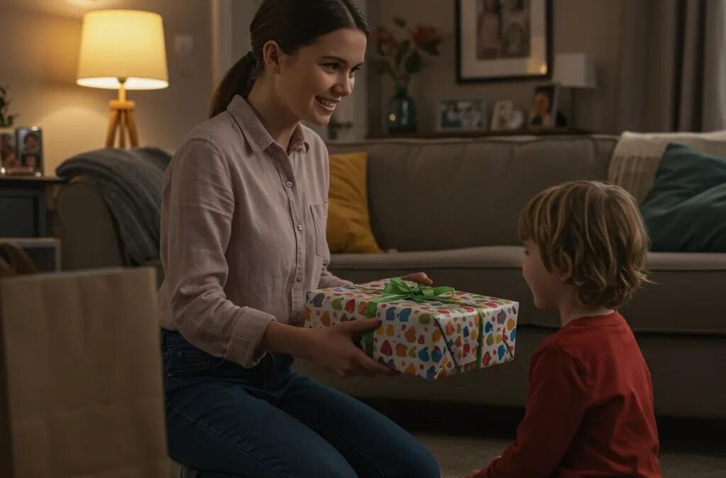 Young babysitter giving a wrapped gift to a child in a cozy living room, emphasizing gift giving etiquette